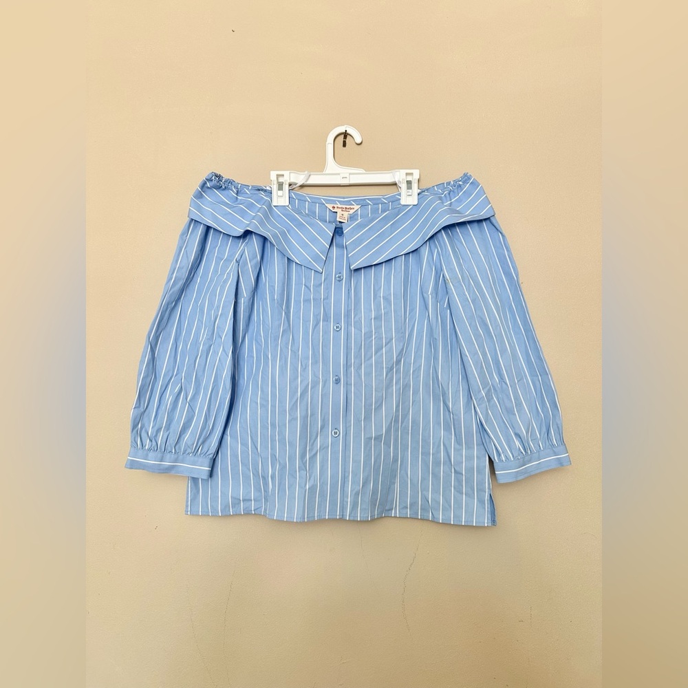 Brooks Brothers Light Blue Striped Off-Shoulder Blouse Sz 10